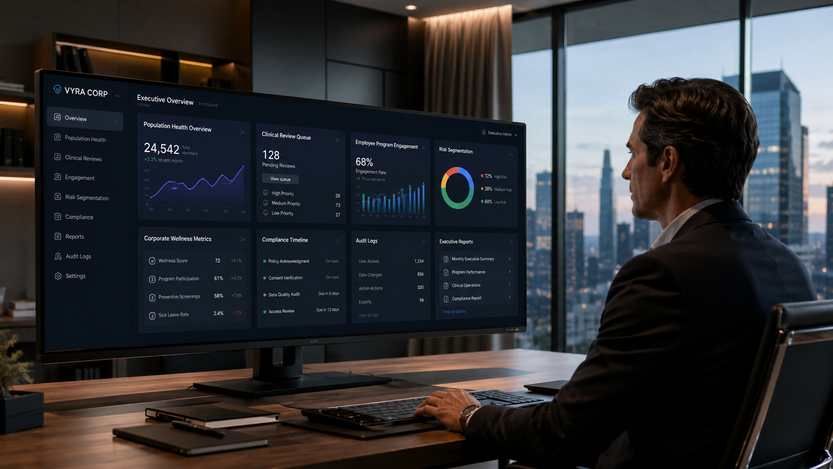 Executivo analisando o dashboard Vyra Corp em uma estação de trabalho premium